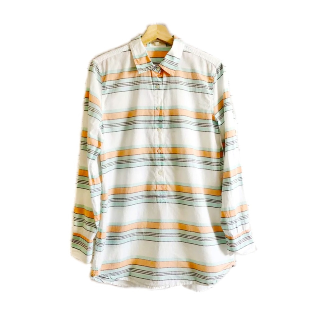 J Crew Striped Popover Tunic Top Long Sleeves Green Orange Sz S